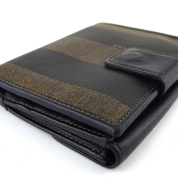 FENDI W Hook Wallet Pecan Beige PVC x Leather Authentic USED - Picture 2 of 11